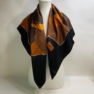 Yves Saint Laurent Vintage Silk Scarf in Caramel Brown & Black Abstract Pattern